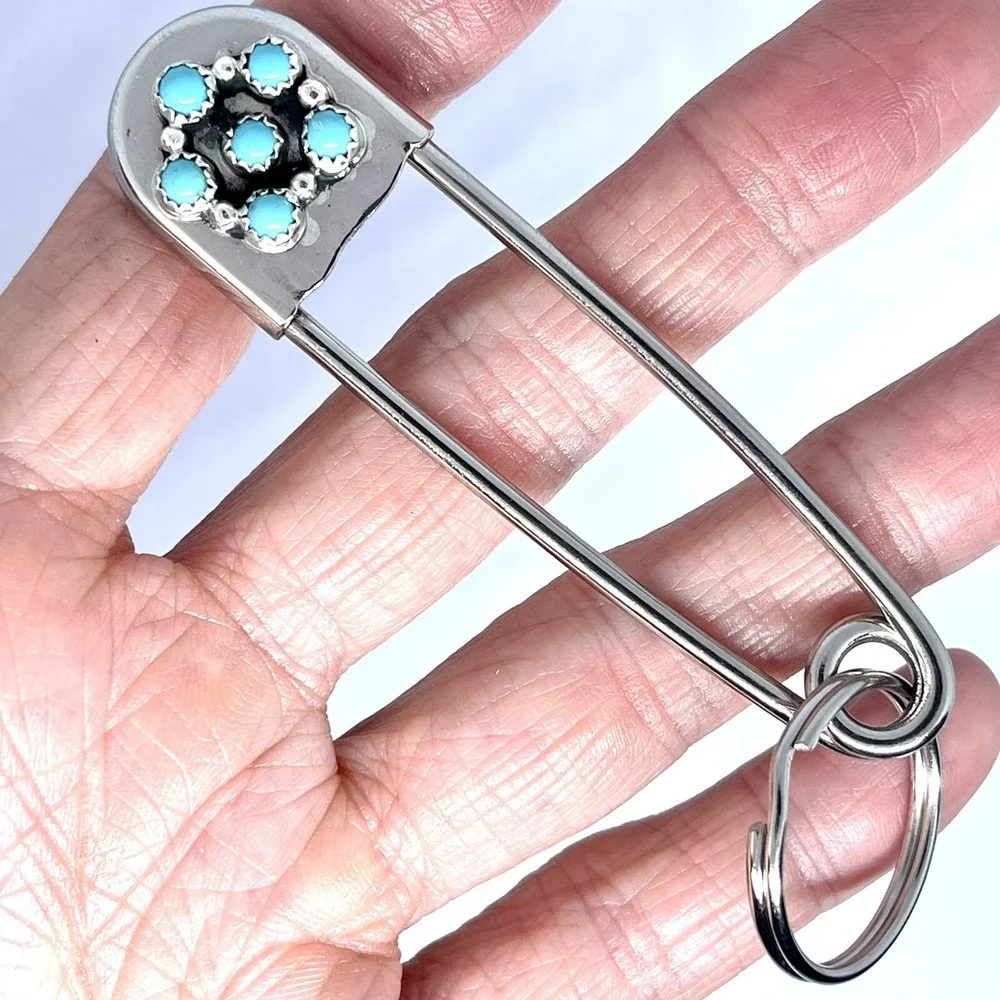 Giant Safety Pin Keyring Turquoise Cluster Key Chain Tag 4in Navajo Mens Gift